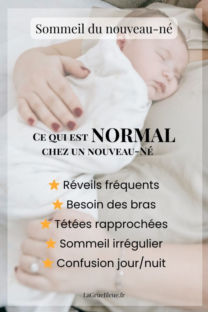 Illustration explicative on y voit un bébé dormant paisiblement dans les bras de sa mère avec le texte "Sommeil du nouveau né, ce qui est normla chez un nouveau né" avec la liste de tout ce qui est normal comme les réveils fréquent, besoin de bras, etc... Article sur le sommeil de bébé dans les premières semaines